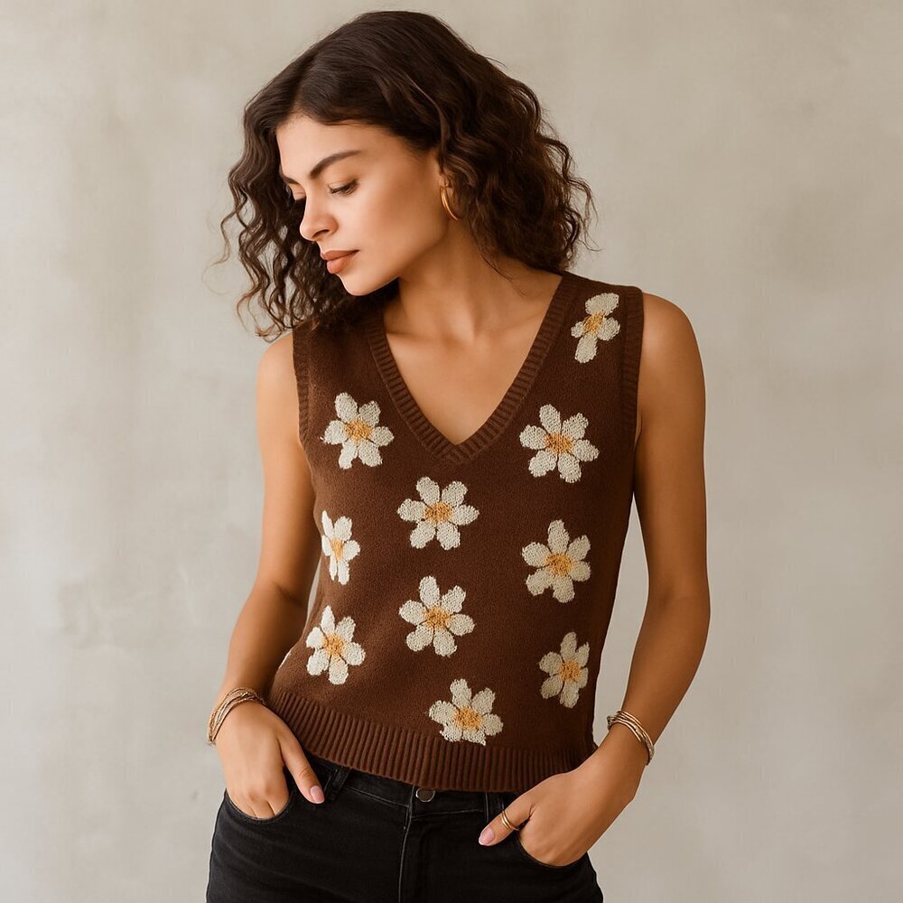 Daisy Knit Floral Sweater Vest 60s 70s Retro Size M